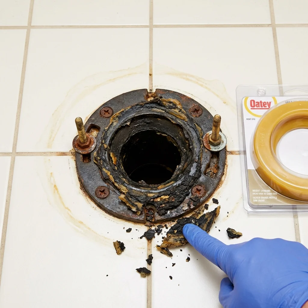 Failed wax ring showing water seepage at the base of a toilet in a Inman, KS home