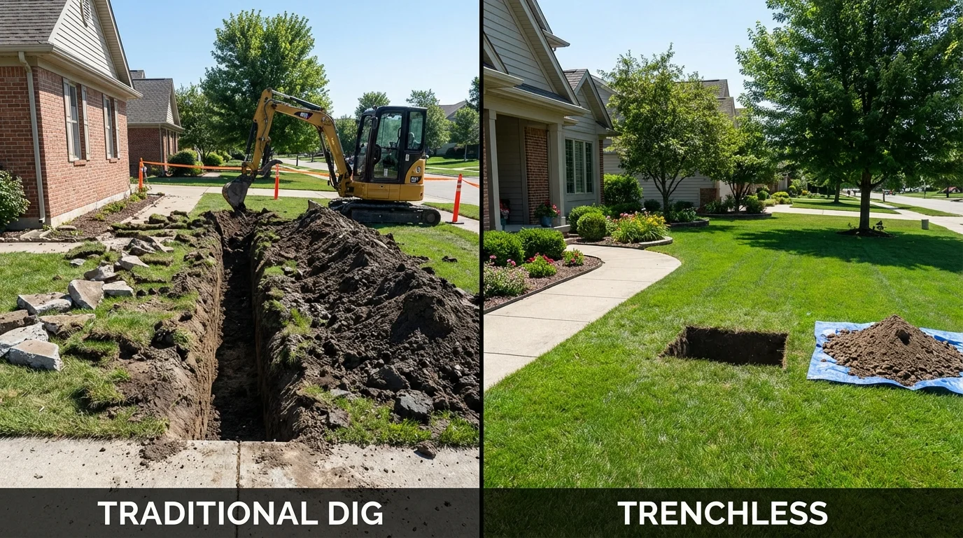 Trenchless sewer repair with minimal yard damage versus traditional excavation in Inman, KS