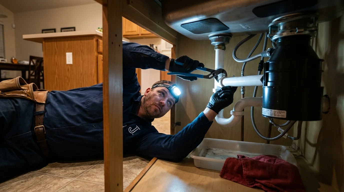 P-trap and supply line connections under a kitchen sink showing a common leak point in Inman, KS